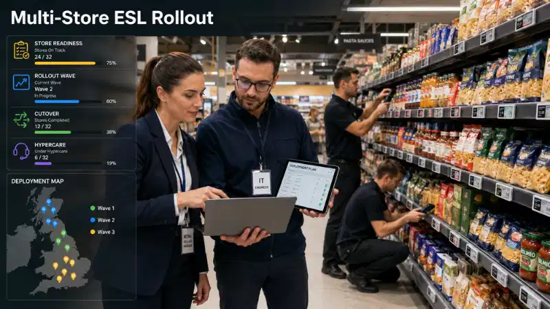 Pla de desplegament d'etiquetes de prestatgeria electrònica per a comerços al detall de diverses-...